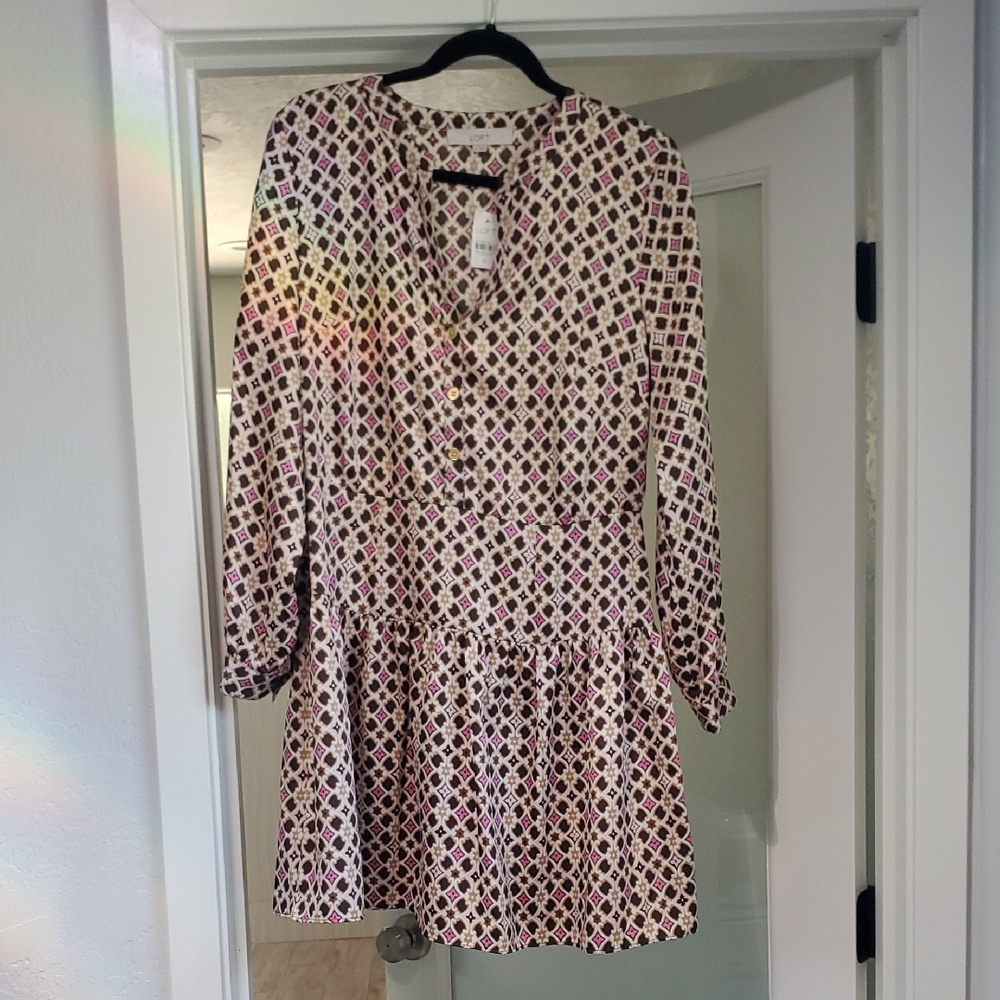 LOFT Dropwaist Multicolor Diamond Print Long Sleeve Dress